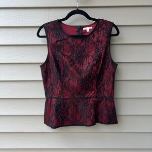Sophia Max Women’s L Peplum Top Red Sleeveless with Black Lace Overlay